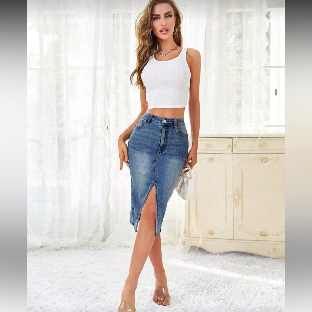 Blue Denim midi skirt with slit